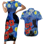 Remember Them ANZAC day Couples Matching Short Sleeve Bodycon Dress and Hawaiian Shirt Soldier In Starry Night Oil Paint Style