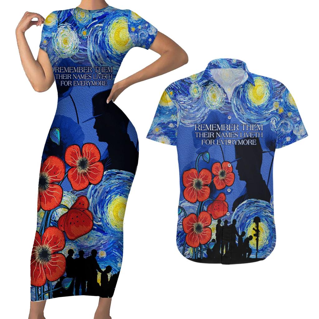 Remember Them ANZAC day Couples Matching Short Sleeve Bodycon Dress and Hawaiian Shirt Soldier In Starry Night Oil Paint Style
