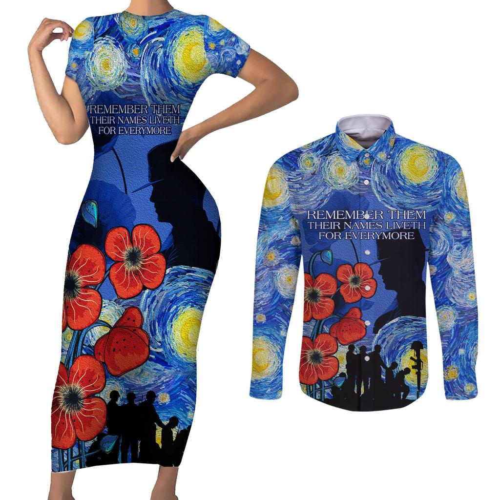 Remember Them ANZAC day Couples Matching Short Sleeve Bodycon Dress and Long Sleeve Button Shirt Soldier In Starry Night Oil Paint Style