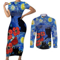 Remember Them ANZAC day Couples Matching Short Sleeve Bodycon Dress and Long Sleeve Button Shirt Soldier In Starry Night Oil Paint Style
