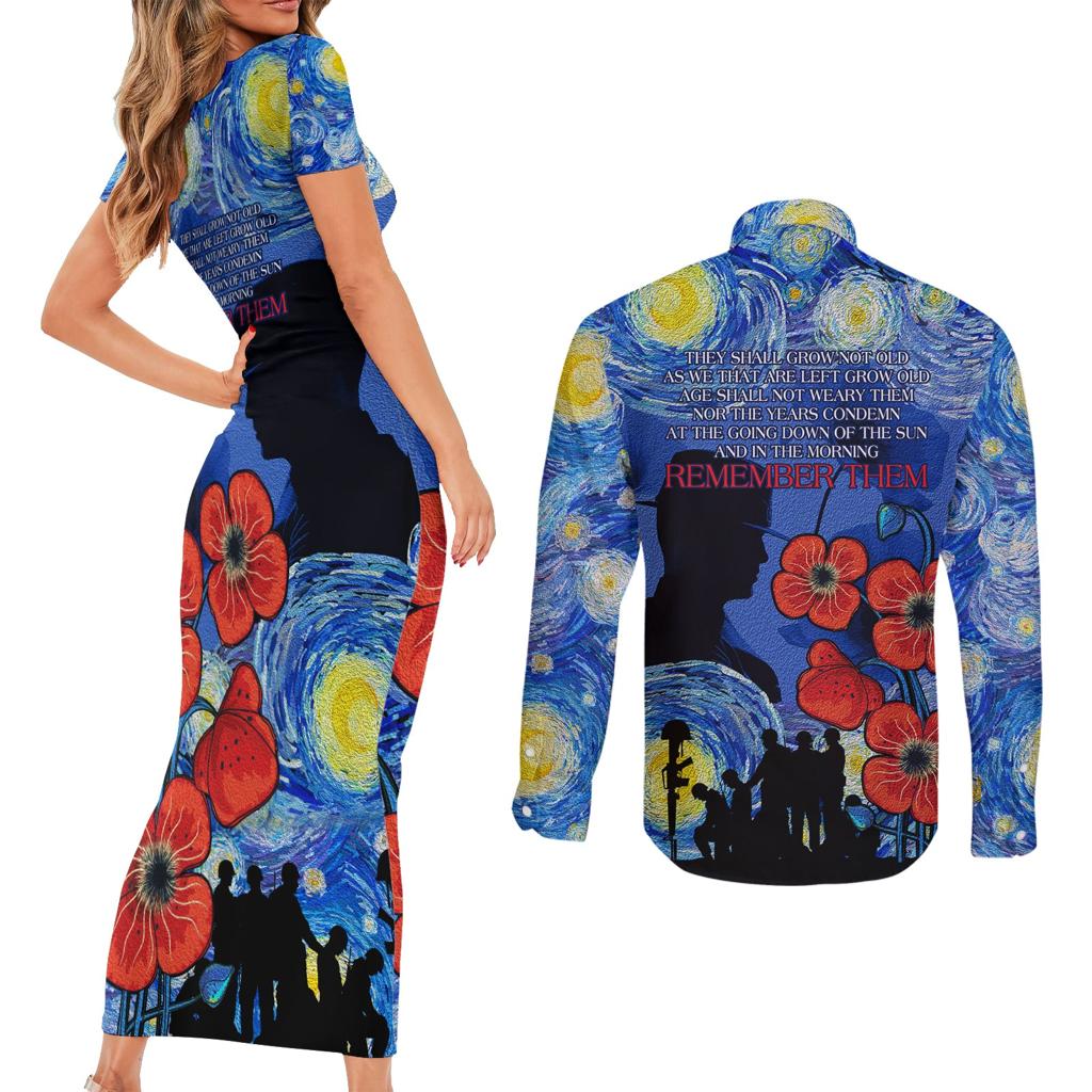 Remember Them ANZAC day Couples Matching Short Sleeve Bodycon Dress and Long Sleeve Button Shirt Soldier In Starry Night Oil Paint Style