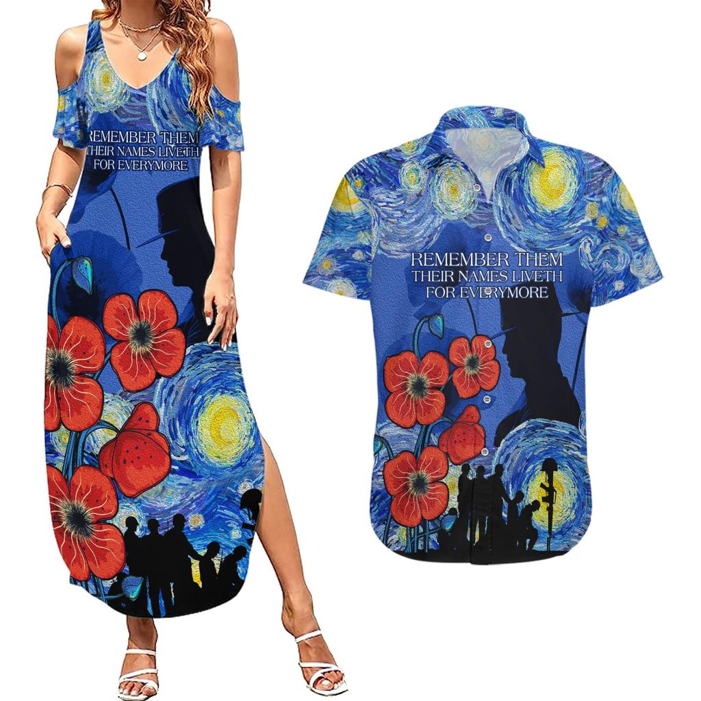 Remember Them ANZAC day Couples Matching Summer Maxi Dress and Hawaiian Shirt Soldier In Starry Night Oil Paint Style