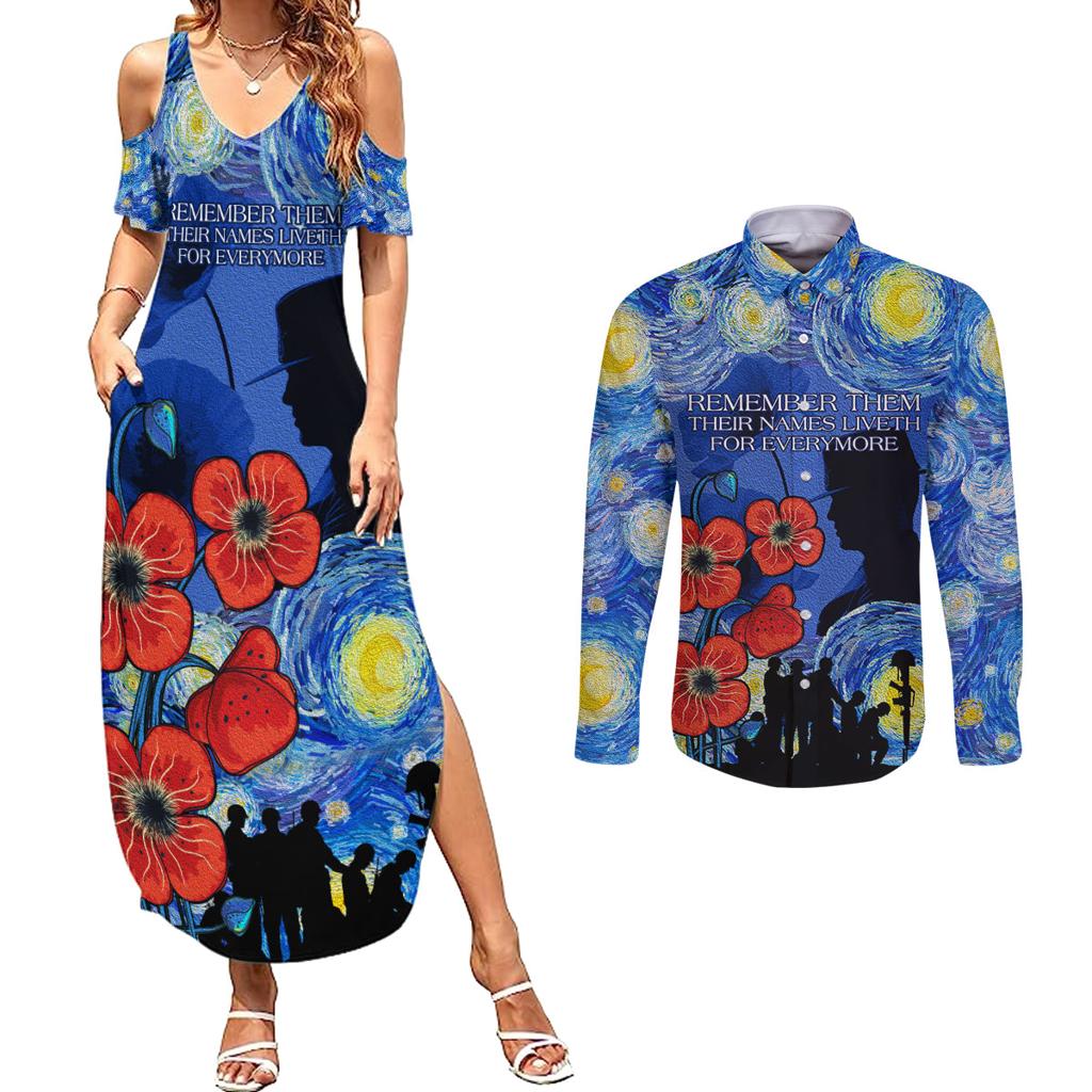 Remember Them ANZAC day Couples Matching Summer Maxi Dress and Long Sleeve Button Shirt Soldier In Starry Night Oil Paint Style
