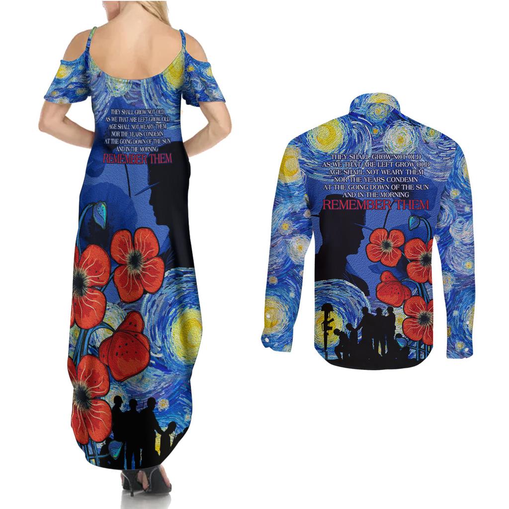 Remember Them ANZAC day Couples Matching Summer Maxi Dress and Long Sleeve Button Shirt Soldier In Starry Night Oil Paint Style