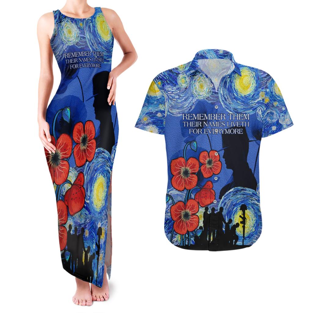 Remember Them ANZAC day Couples Matching Tank Maxi Dress and Hawaiian Shirt Soldier In Starry Night Oil Paint Style