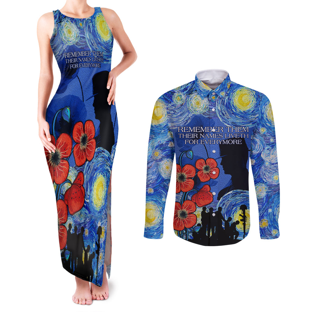 Remember Them ANZAC day Couples Matching Tank Maxi Dress and Long Sleeve Button Shirt Soldier In Starry Night Oil Paint Style