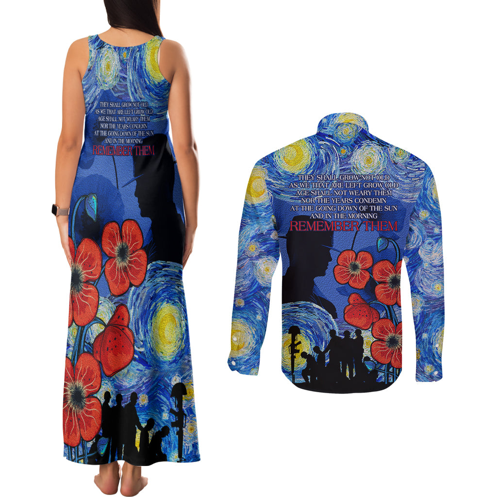 Remember Them ANZAC day Couples Matching Tank Maxi Dress and Long Sleeve Button Shirt Soldier In Starry Night Oil Paint Style