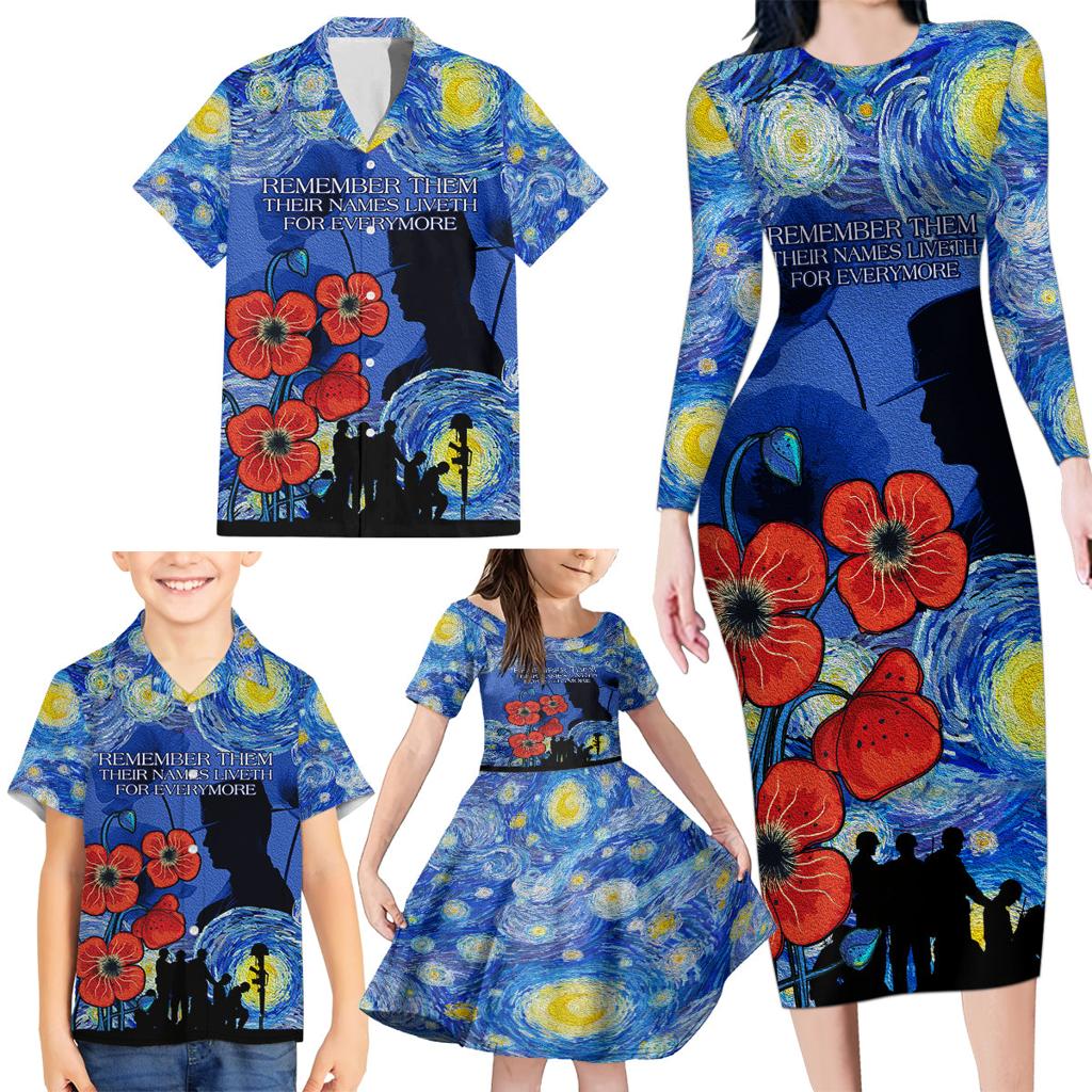 Remember Them ANZAC day Family Matching Long Sleeve Bodycon Dress and Hawaiian Shirt Soldier In Starry Night Oil Paint Style