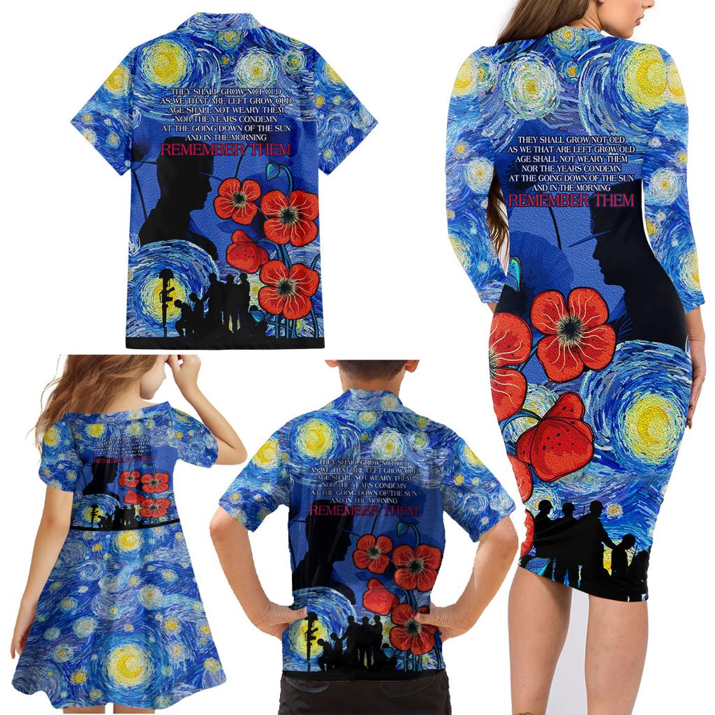 Remember Them ANZAC day Family Matching Long Sleeve Bodycon Dress and Hawaiian Shirt Soldier In Starry Night Oil Paint Style