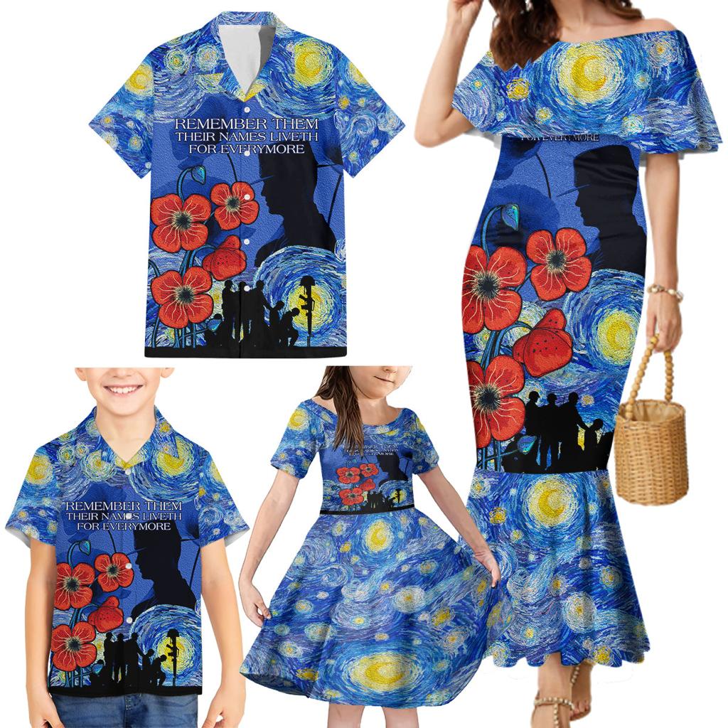 Remember Them ANZAC day Family Matching Mermaid Dress and Hawaiian Shirt Soldier In Starry Night Oil Paint Style