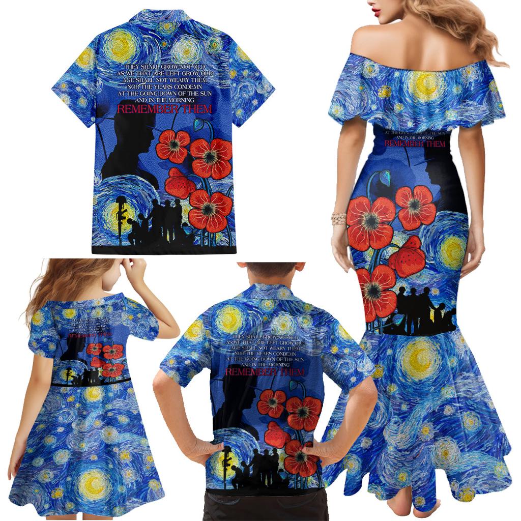 Remember Them ANZAC day Family Matching Mermaid Dress and Hawaiian Shirt Soldier In Starry Night Oil Paint Style
