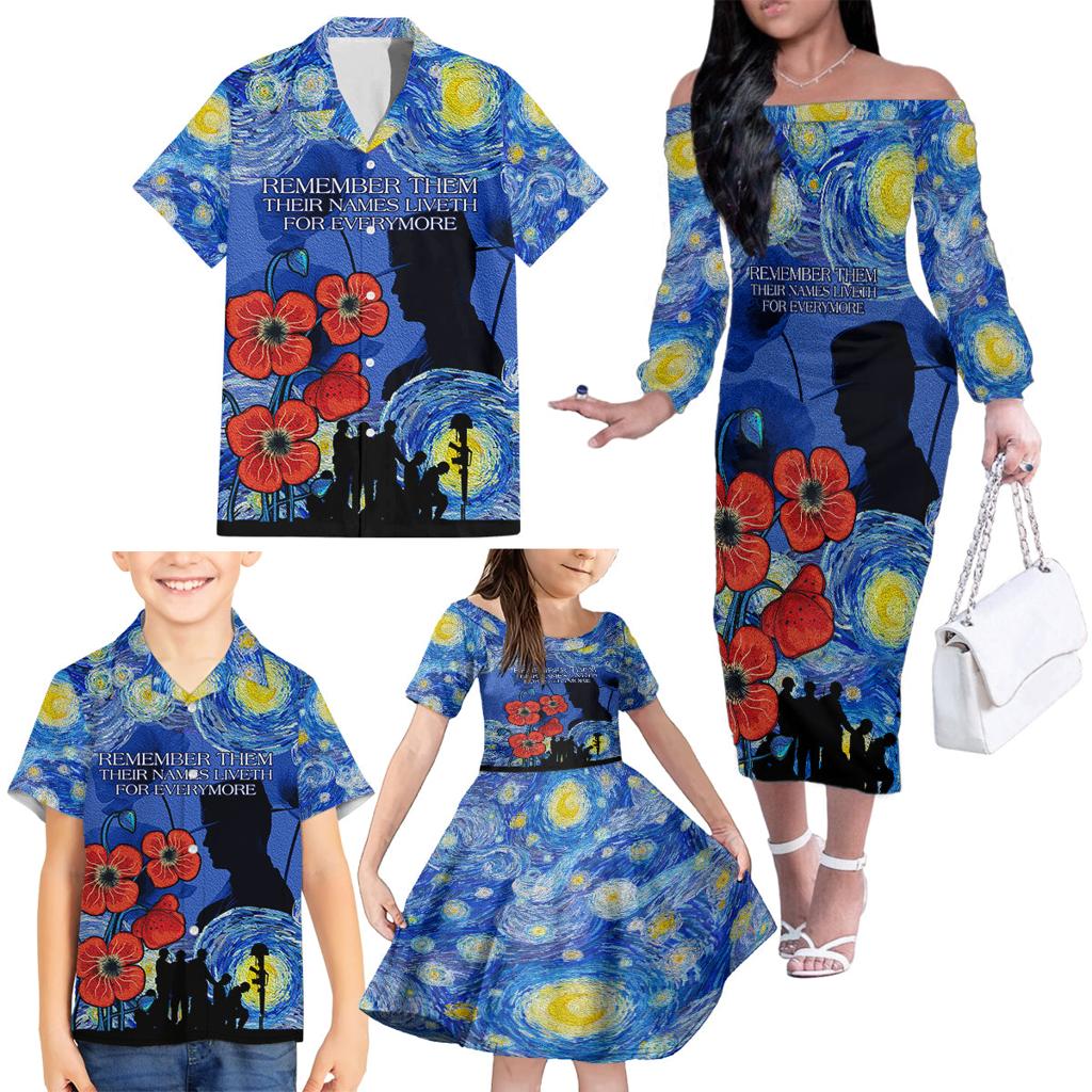 Remember Them ANZAC day Family Matching Off Shoulder Long Sleeve Dress and Hawaiian Shirt Soldier In Starry Night Oil Paint Style