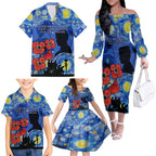 Remember Them ANZAC day Family Matching Off Shoulder Long Sleeve Dress and Hawaiian Shirt Soldier In Starry Night Oil Paint Style