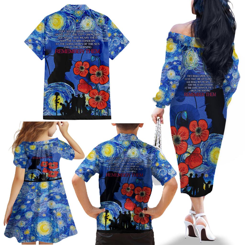Remember Them ANZAC day Family Matching Off Shoulder Long Sleeve Dress and Hawaiian Shirt Soldier In Starry Night Oil Paint Style