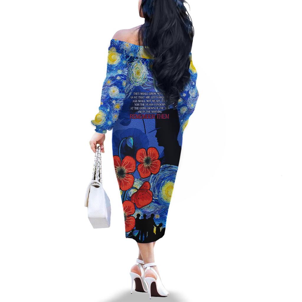 Remember Them ANZAC day Family Matching Off Shoulder Long Sleeve Dress and Hawaiian Shirt Soldier In Starry Night Oil Paint Style
