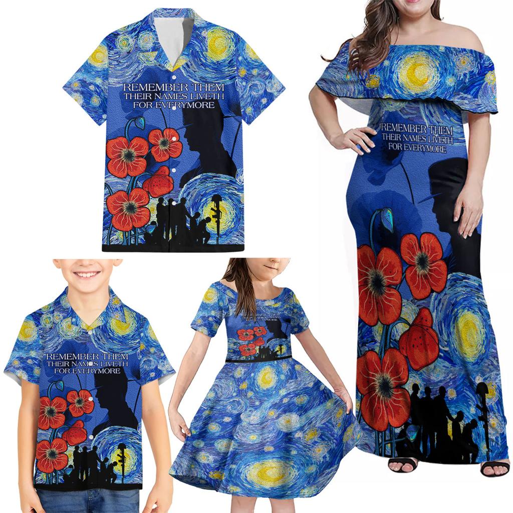 Remember Them ANZAC day Family Matching Off Shoulder Maxi Dress and Hawaiian Shirt Soldier In Starry Night Oil Paint Style