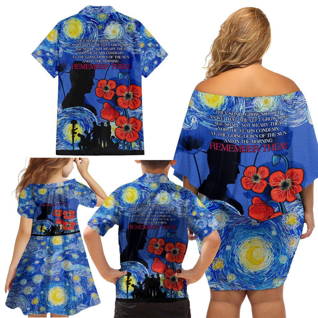 Remember Them ANZAC day Family Matching Off Shoulder Short Dress and Hawaiian Shirt Soldier In Starry Night Oil Paint Style