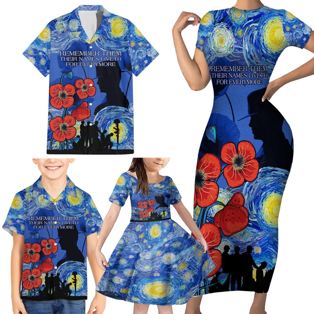 Remember Them ANZAC day Family Matching Short Sleeve Bodycon Dress and Hawaiian Shirt Soldier In Starry Night Oil Paint Style