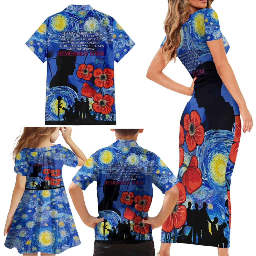 Remember Them ANZAC day Family Matching Short Sleeve Bodycon Dress and Hawaiian Shirt Soldier In Starry Night Oil Paint Style