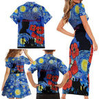 Remember Them ANZAC day Family Matching Short Sleeve Bodycon Dress and Hawaiian Shirt Soldier In Starry Night Oil Paint Style