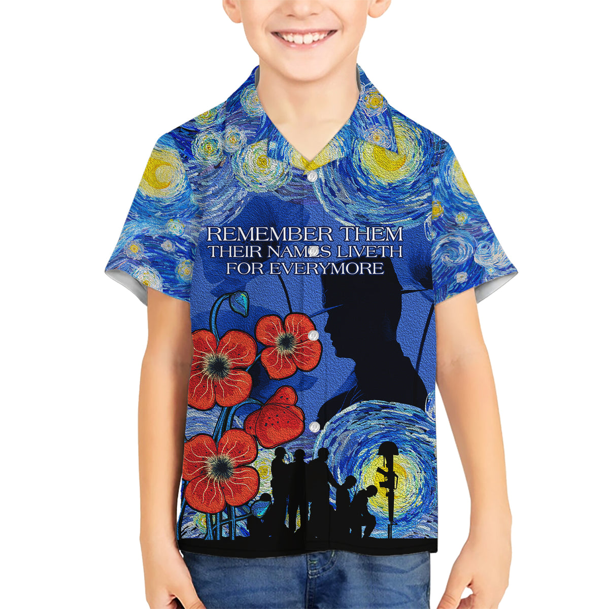 Remember Them ANZAC day Kid Hawaiian Shirt Soldier In Starry Night Oil Paint Style