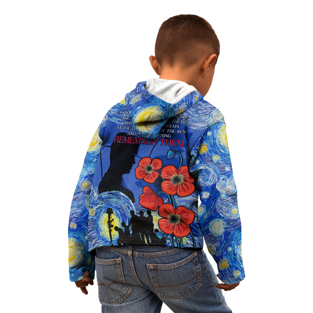 Remember Them ANZAC day Kid Hoodie Soldier In Starry Night Oil Paint Style