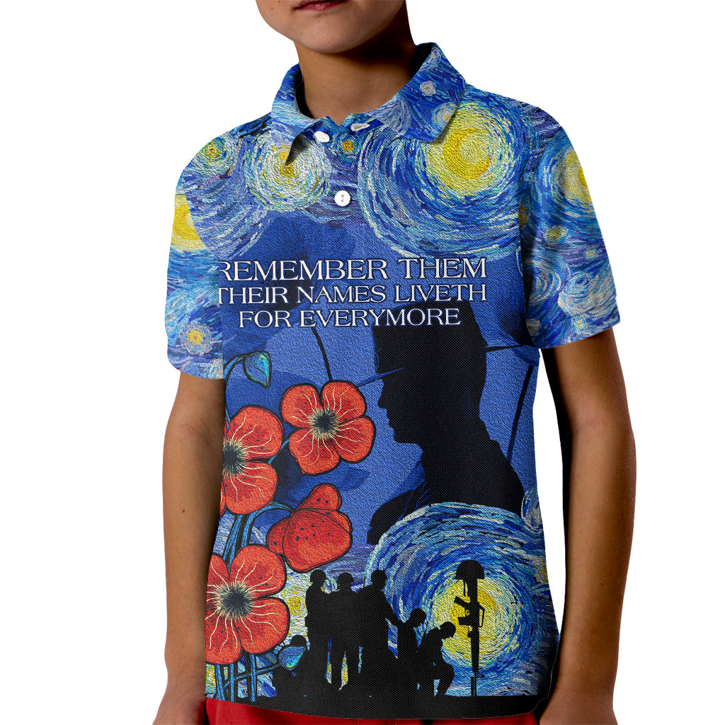 Remember Them ANZAC day Kid Polo Shirt Soldier In Starry Night Oil Paint Style