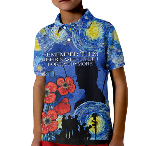 Remember Them ANZAC day Kid Polo Shirt Soldier In Starry Night Oil Paint Style