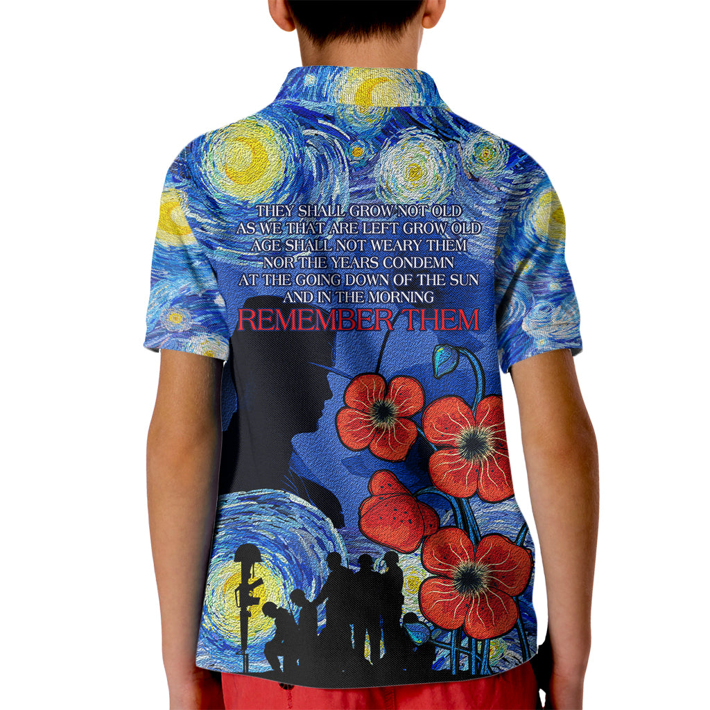 Remember Them ANZAC day Kid Polo Shirt Soldier In Starry Night Oil Paint Style