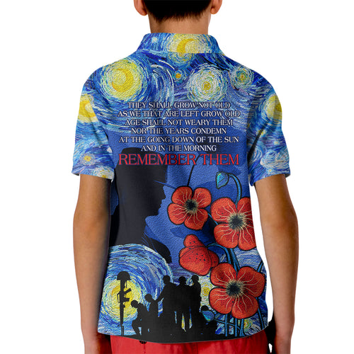 Remember Them ANZAC day Kid Polo Shirt Soldier In Starry Night Oil Paint Style