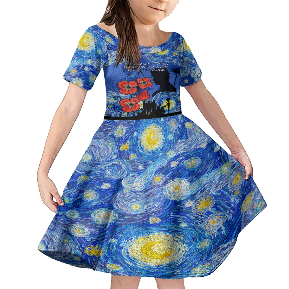 Remember Them ANZAC day Kid Short Sleeve Dress Soldier In Starry Night Oil Paint Style