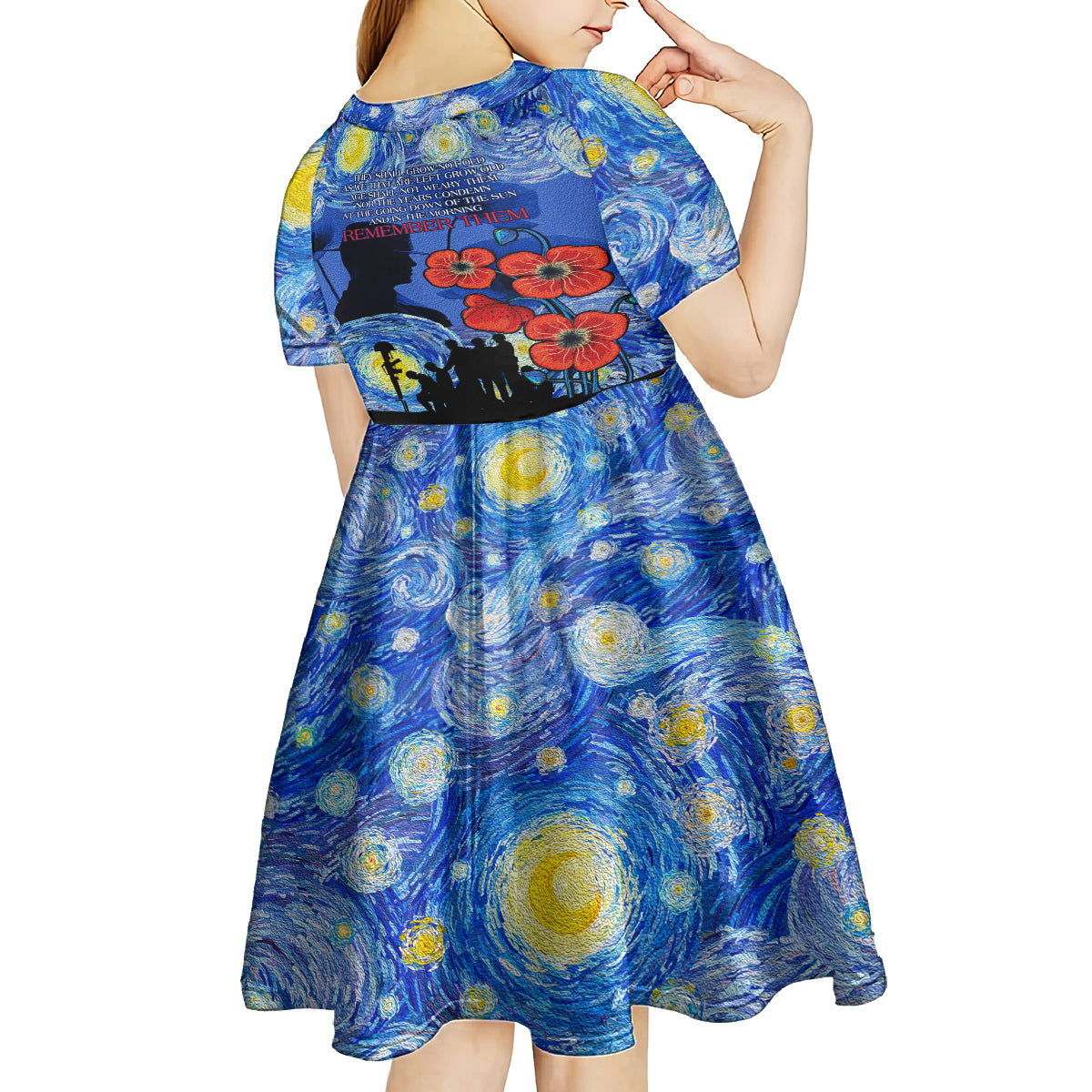 Remember Them ANZAC day Kid Short Sleeve Dress Soldier In Starry Night Oil Paint Style