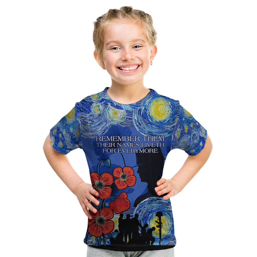 Remember Them ANZAC day Kid T Shirt Soldier In Starry Night Oil Paint Style