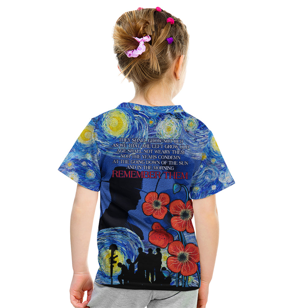 Remember Them ANZAC day Kid T Shirt Soldier In Starry Night Oil Paint Style