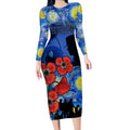 Remember Them ANZAC day Long Sleeve Bodycon Dress Soldier In Starry Night Oil Paint Style