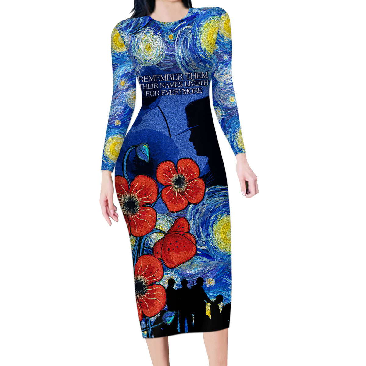 Remember Them ANZAC day Long Sleeve Bodycon Dress Soldier In Starry Night Oil Paint Style