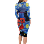 Remember Them ANZAC day Long Sleeve Bodycon Dress Soldier In Starry Night Oil Paint Style