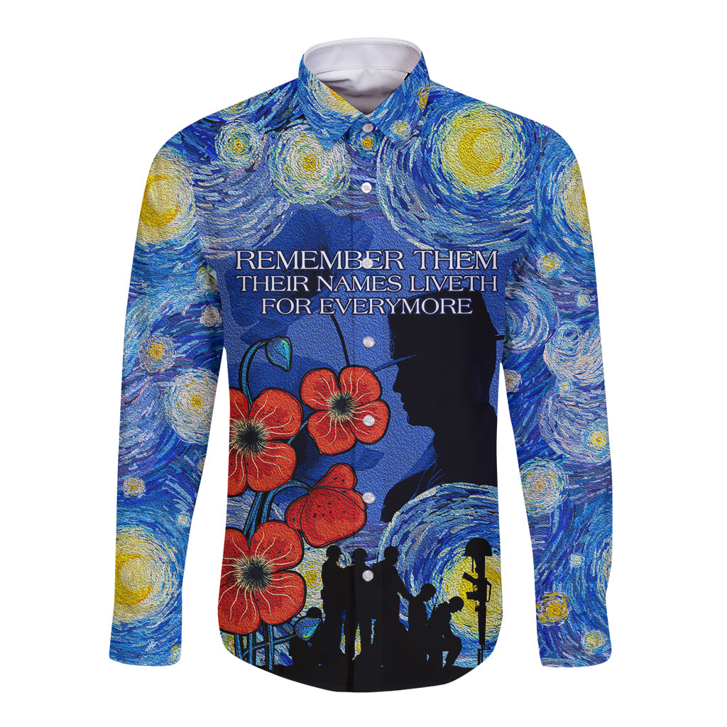 Remember Them ANZAC day Long Sleeve Button Shirt Soldier In Starry Night Oil Paint Style