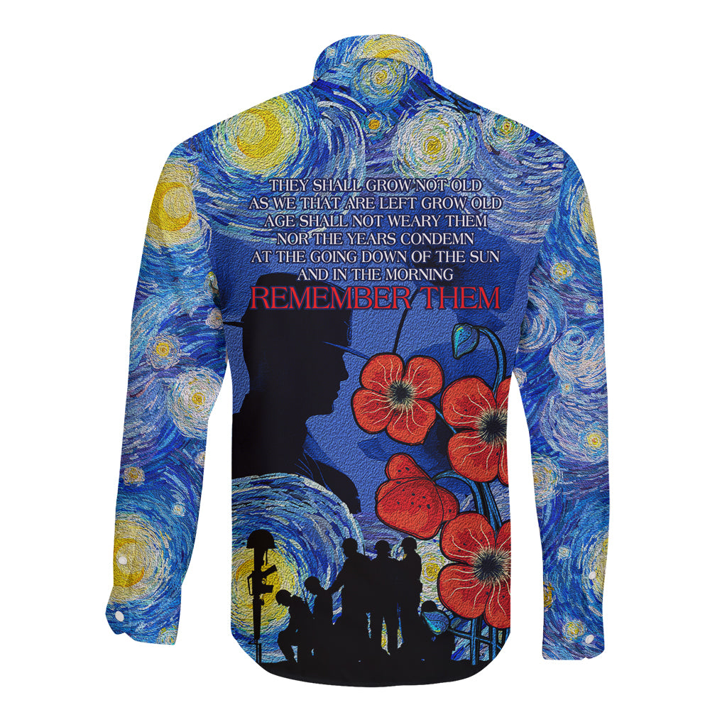 Remember Them ANZAC day Long Sleeve Button Shirt Soldier In Starry Night Oil Paint Style