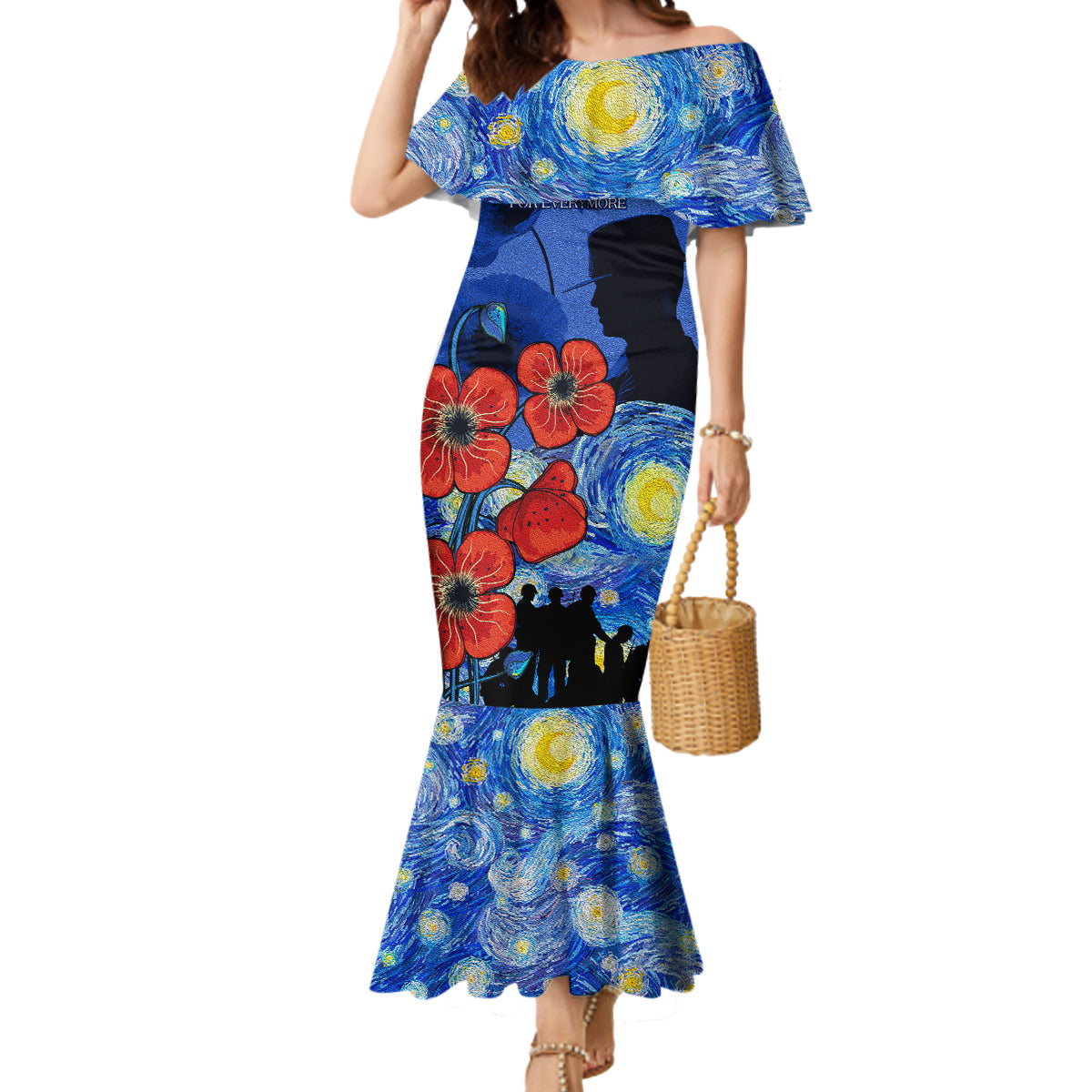 Remember Them ANZAC day Mermaid Dress Soldier In Starry Night Oil Paint Style