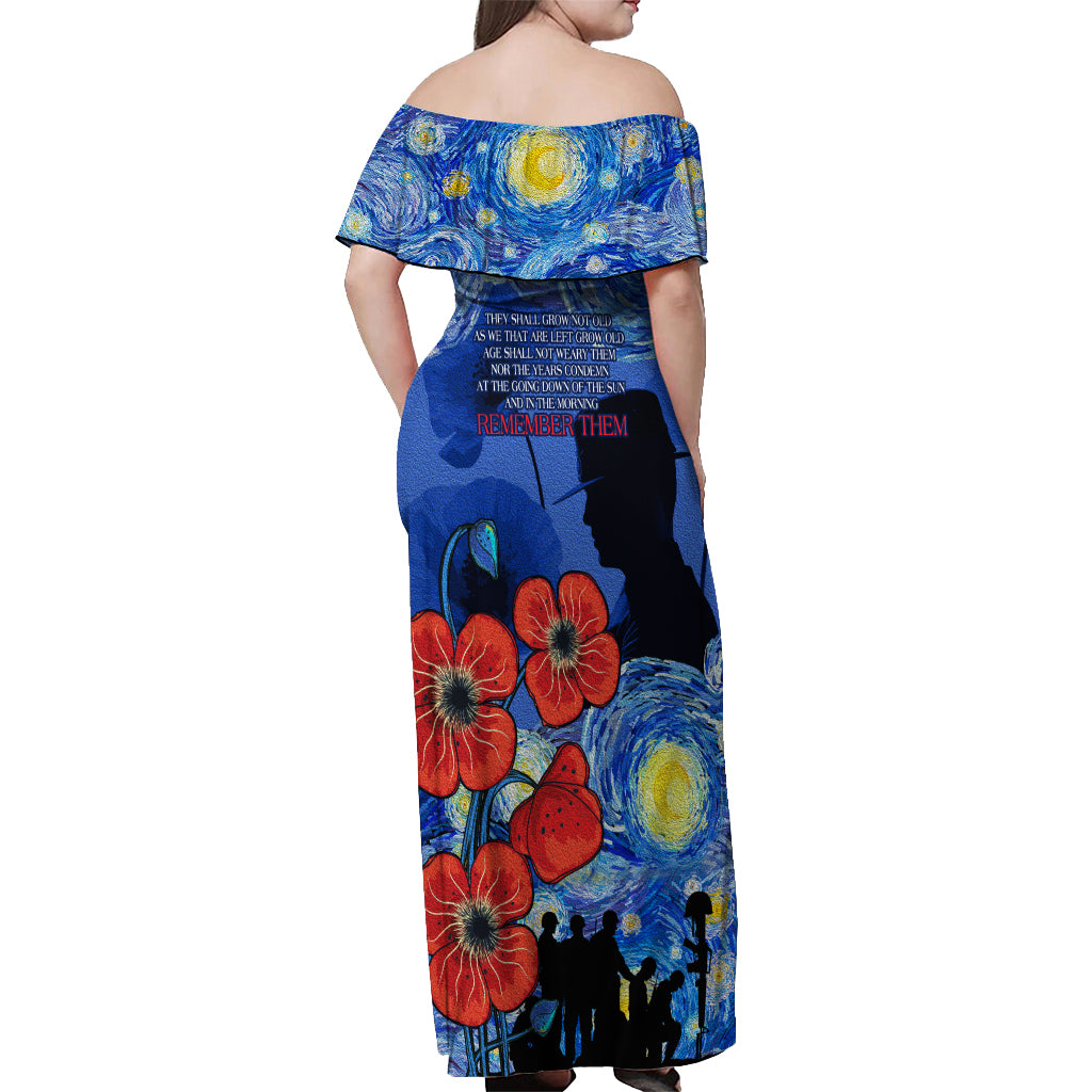Remember Them ANZAC day Off Shoulder Maxi Dress Soldier In Starry Night Oil Paint Style