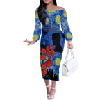 Remember Them ANZAC day Off The Shoulder Long Sleeve Dress Soldier In Starry Night Oil Paint Style
