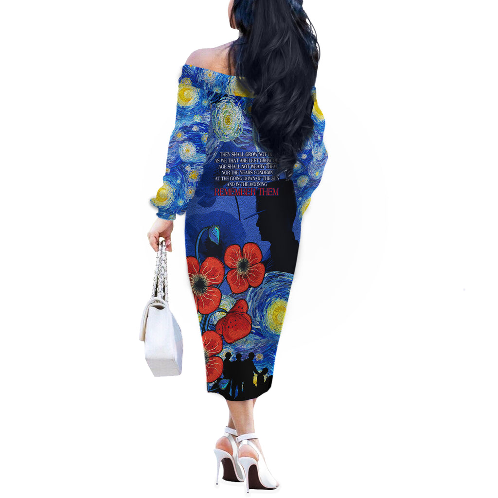 Remember Them ANZAC day Off The Shoulder Long Sleeve Dress Soldier In Starry Night Oil Paint Style
