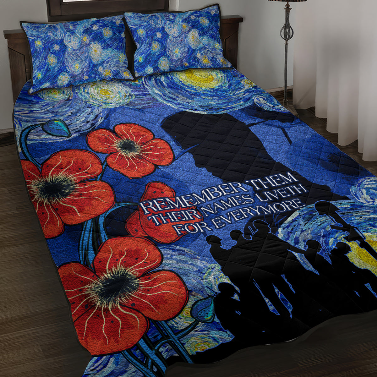 Remember Them ANZAC day Quilt Bed Set Soldier In Starry Night Oil Paint Style