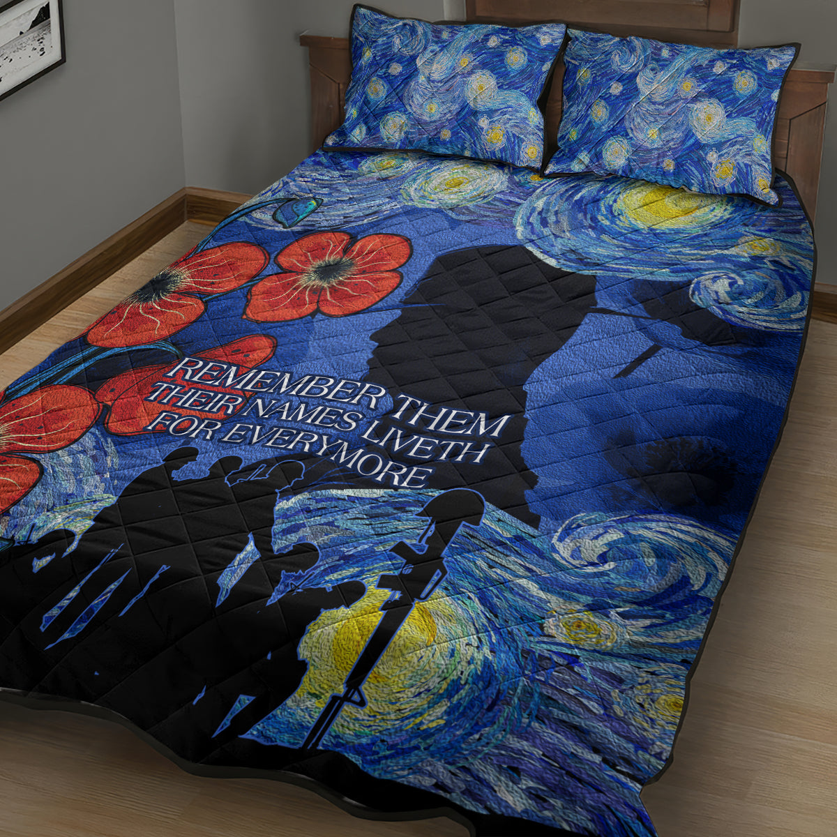 Remember Them ANZAC day Quilt Bed Set Soldier In Starry Night Oil Paint Style