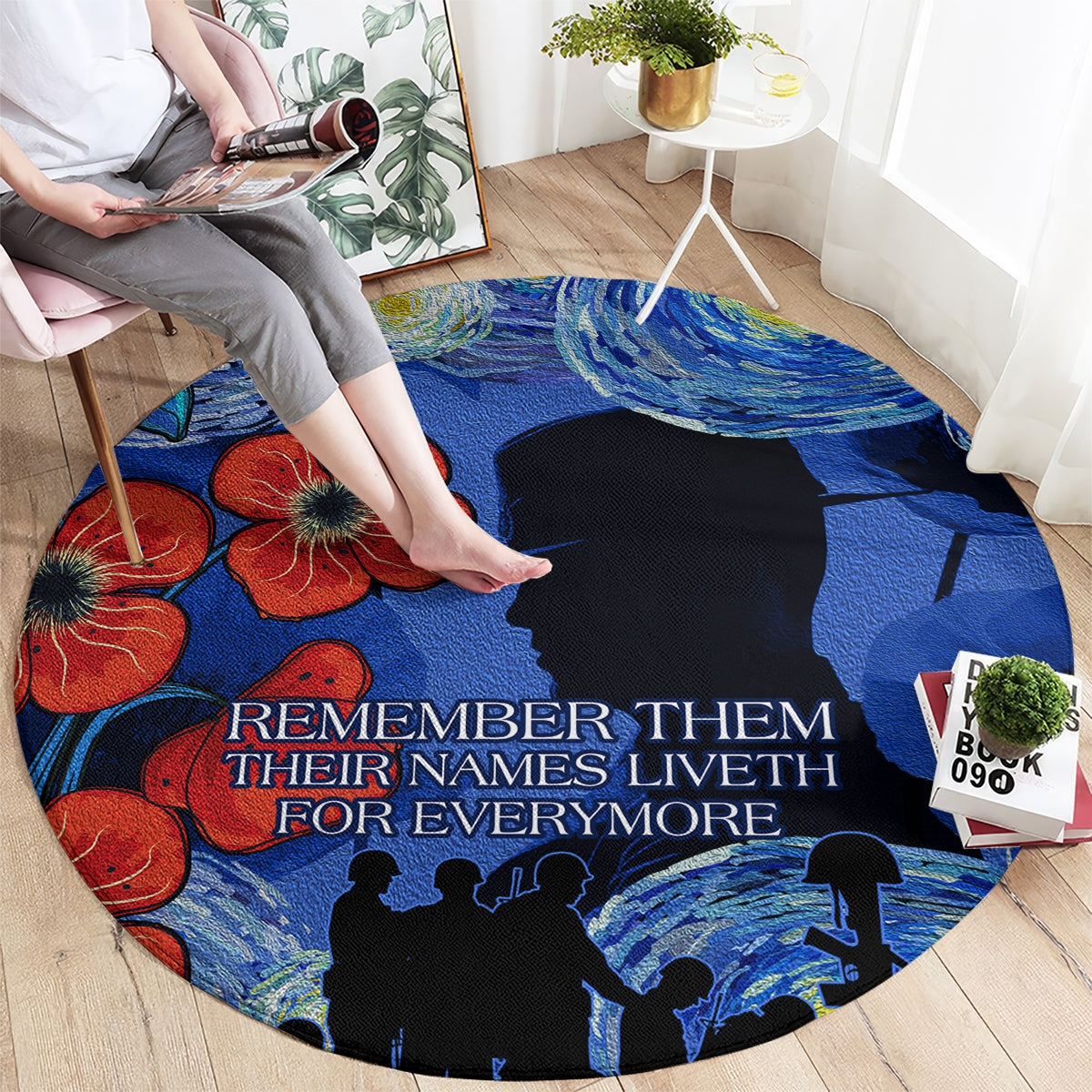 Remember Them ANZAC day Round Carpet Soldier In Starry Night Oil Paint Style
