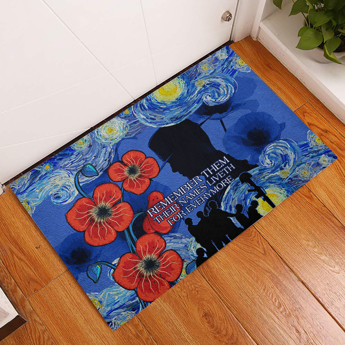 Remember Them ANZAC day Rubber Doormat Soldier In Starry Night Oil Paint Style