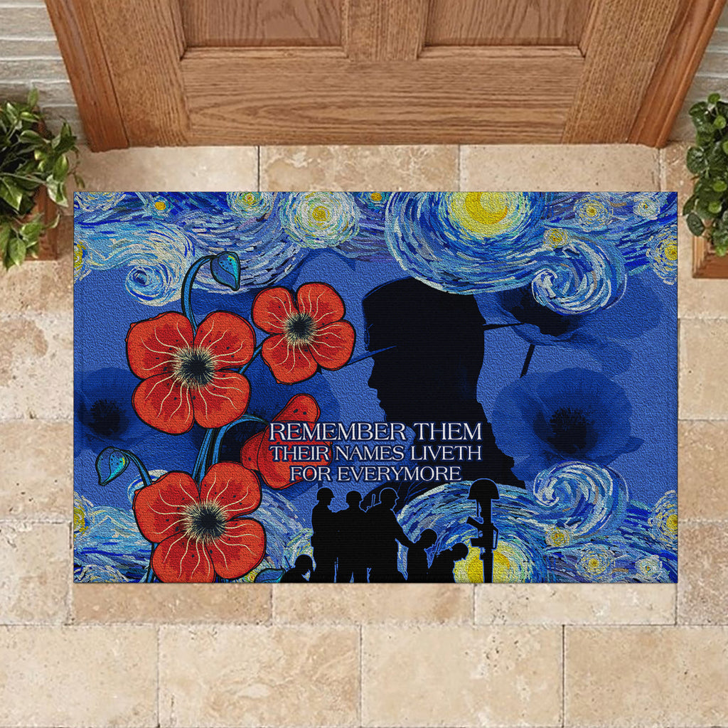 Remember Them ANZAC day Rubber Doormat Soldier In Starry Night Oil Paint Style