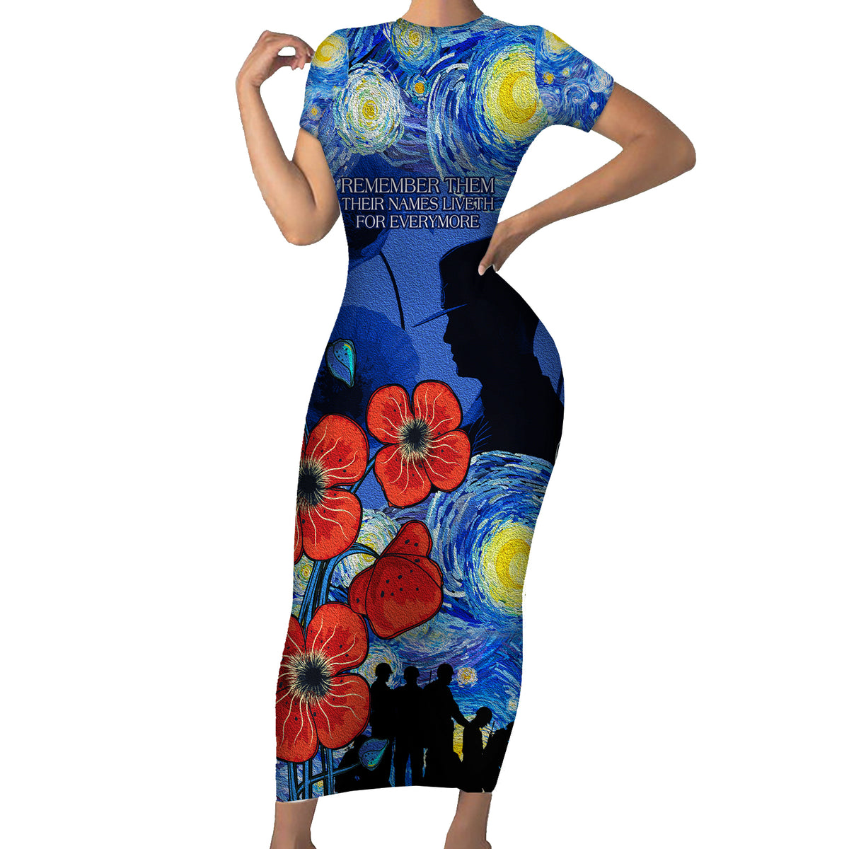 Remember Them ANZAC day Short Sleeve Bodycon Dress Soldier In Starry Night Oil Paint Style