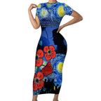 Remember Them ANZAC day Short Sleeve Bodycon Dress Soldier In Starry Night Oil Paint Style